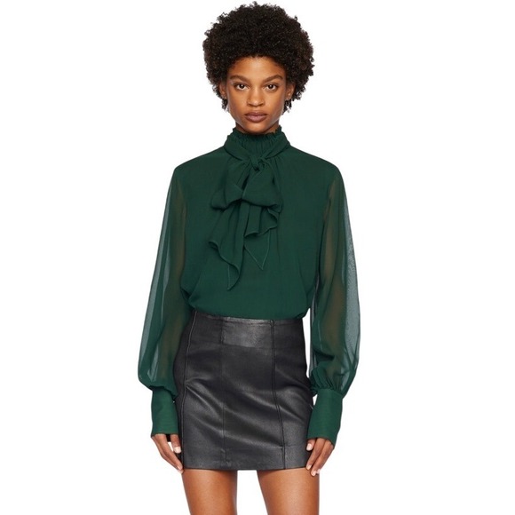 FRAME Blouse Women Small Green 100% Silk High Neck Long Sleeve Bow Tie Back Top